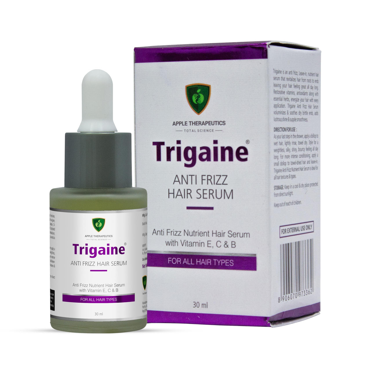 Trigaine Anti-Frizz Hair Serum 30ml | Detangle Hair Controls Frizz Repairs Dry & Brittle Hair | Argan Oil Vitamin E C & B Enriched Leave-In Hair Serum | Lightweight Non-Greasy