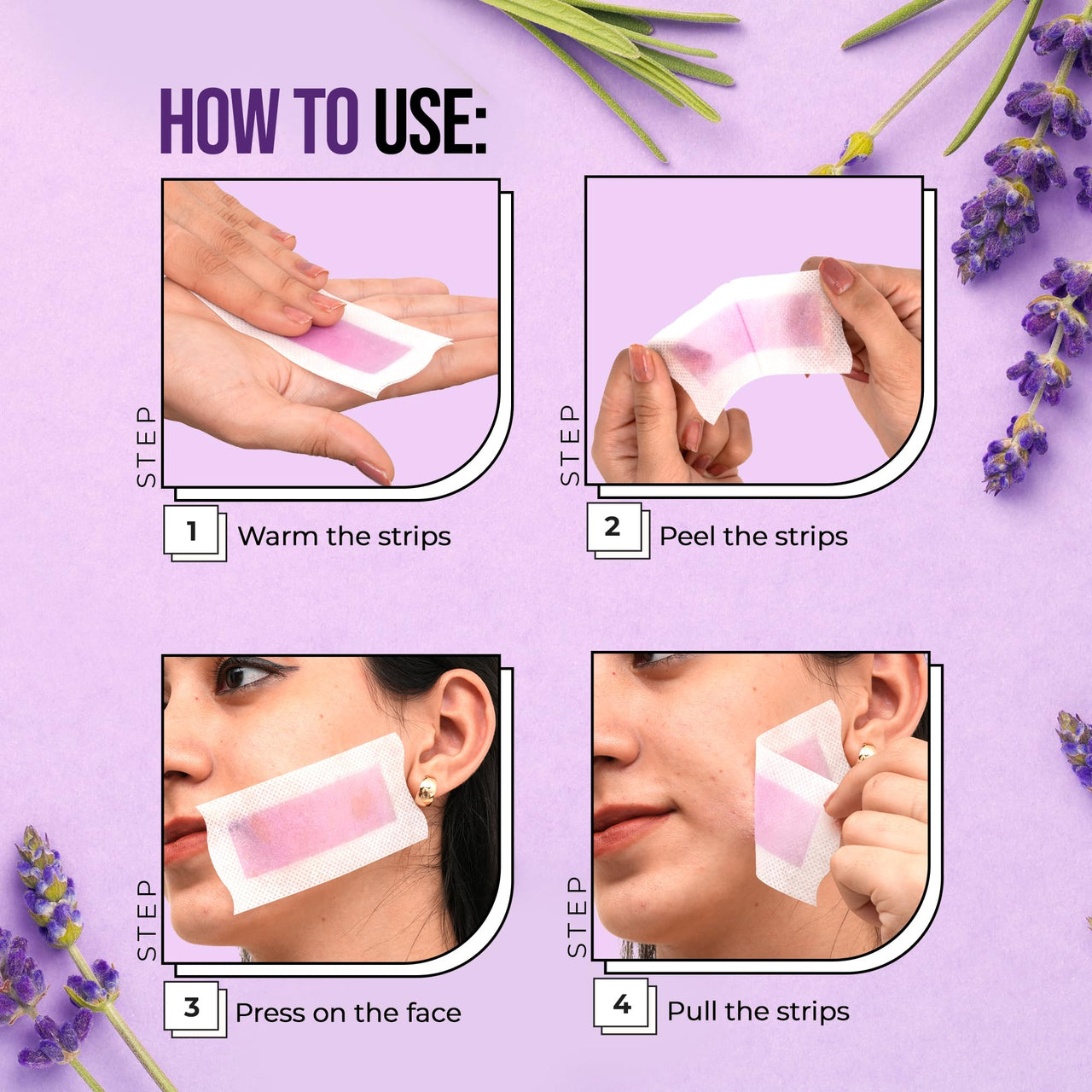 Hilary Rhoda One Go Facial Wax Strips | Ready-To-Use | Face, Cheek, Upper Lip & Chin Facial Wax | Painless Hair Removal | With 2 Finish Wipes | 20 Strips (Lavender)