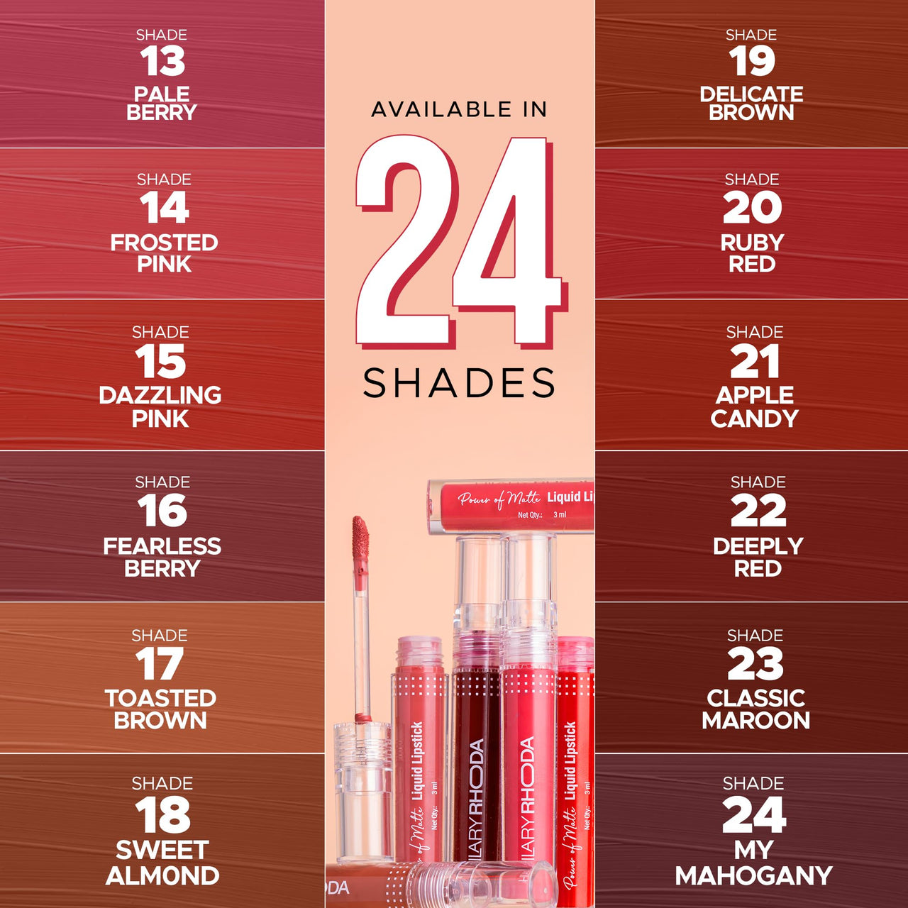 Hilary Rhoda Power Of Matte Liquid Lipstick | Buildable Colour | Long Lasting & Matte Finish | Lightweight & Non-Drying Formula | Smudge Proof & Non-Transferable | 3ml (Pink Candy - Shade 05)