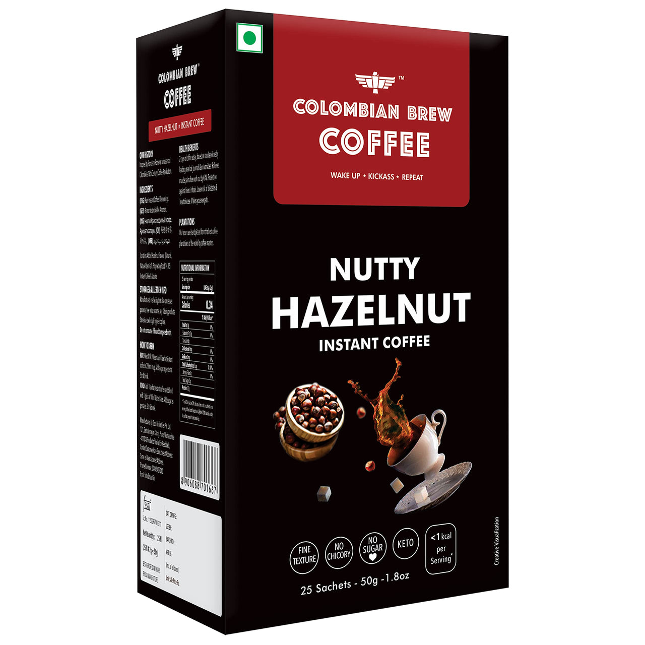 COLOMBIAN BREW COFFEE Pure Instant Coffee Powder, Strong 100g, Box & Colombian Brew Hazelnut Instant Coffee Powder, No Sugar Vegan, 50gm