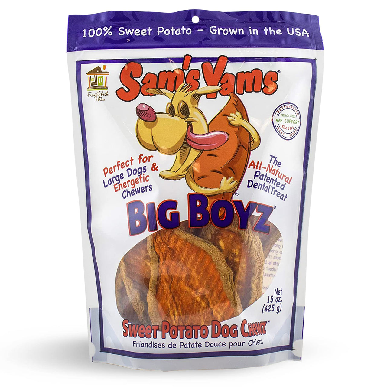 Sams Yams Sweet Potato Dog Treats, Healthy Dog Treats for Large Dogs - Sweet Potato Dog Treats Made in USA, High Fiber, Vegan Dental Chews - Big Boyz, Sweet Potato Dog Chewz, 15oz (Single Pack) 15 Ounce (Pack of 1)