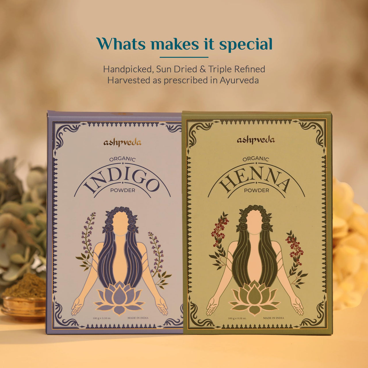 Ashpveda Organic Hair Color Henna & Indigo Powder Combo | 100% Organic Plant-Based, Sun Dried, Triple Refined | Natural Grey Hair Coverage | Premium Hair Color for Women and Men (100gm +100gm)