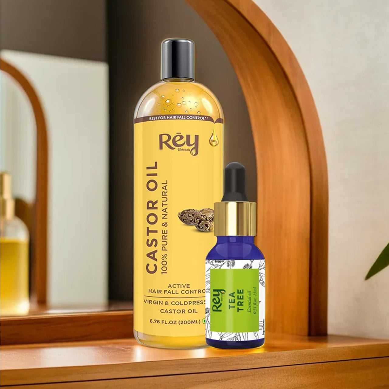 Rey Naturals Cold Pressed Castor Oil For Hair Growth and TeaTree Essential Oil Combo | Hair oil for hair growth | Dandruff Control | Moisturises and adds shine to hair | 200 ml and 15 ml