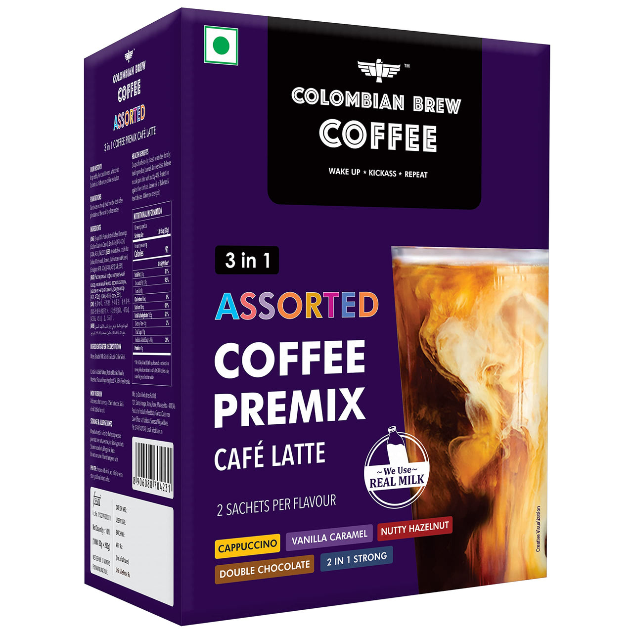 Colombian Brew 3 in 1 Assorted Instant Coffee Premix Cappuccino, Nutty Hazelnut, Vanilla Caramel, Double Choco Mocha,2 in 1 Strong, 2 Sachet per flavour (Pack of 2)