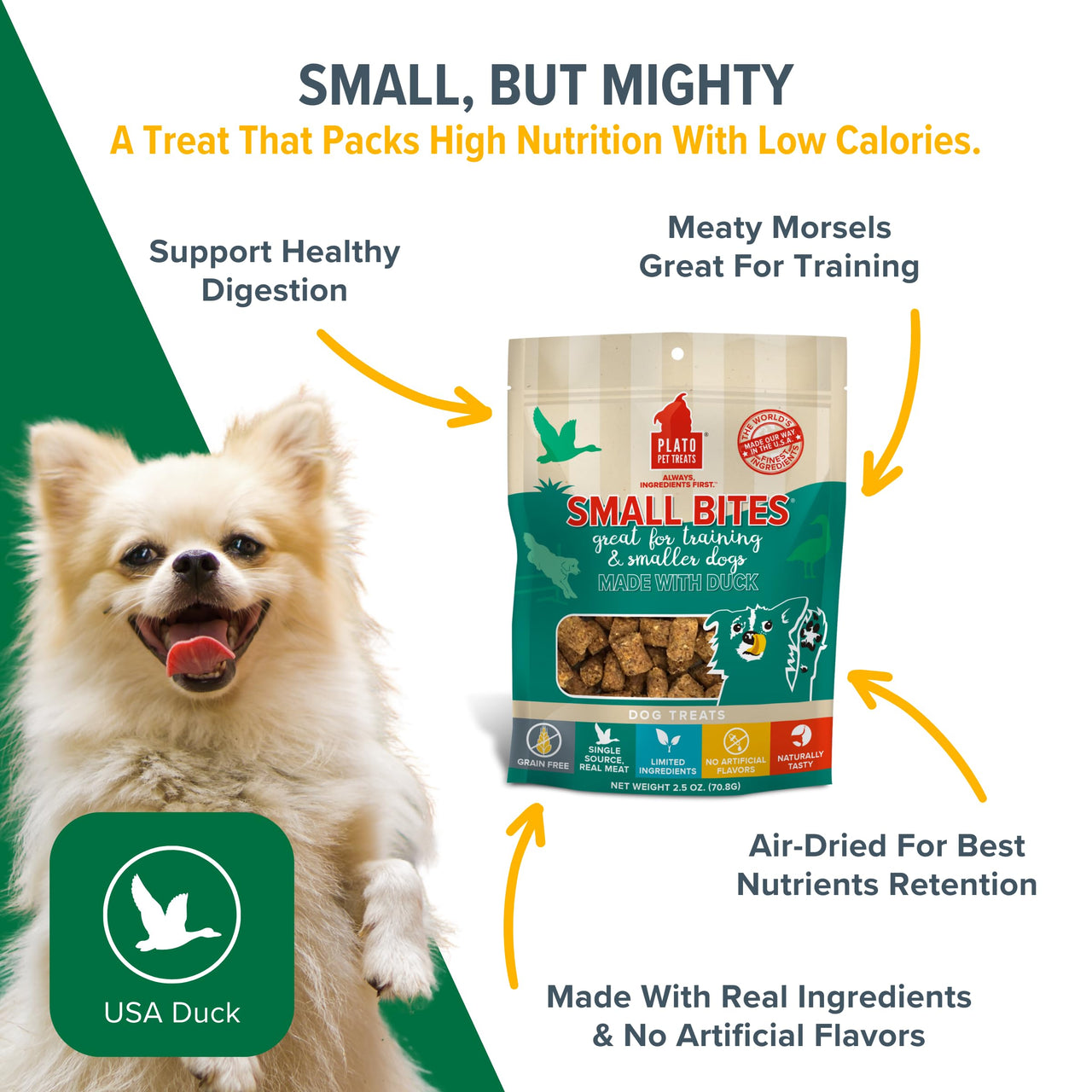 PLATO Small Bites Dog Treats, Natural Bite Sized Real Meat & Duck Flavor, Grain Free & High in Protein, Air Dried Authentic Ingredients, 2 Calories Per Treat, Made in the USA, 6 Ounces 6 Ounce (Pack of 1)