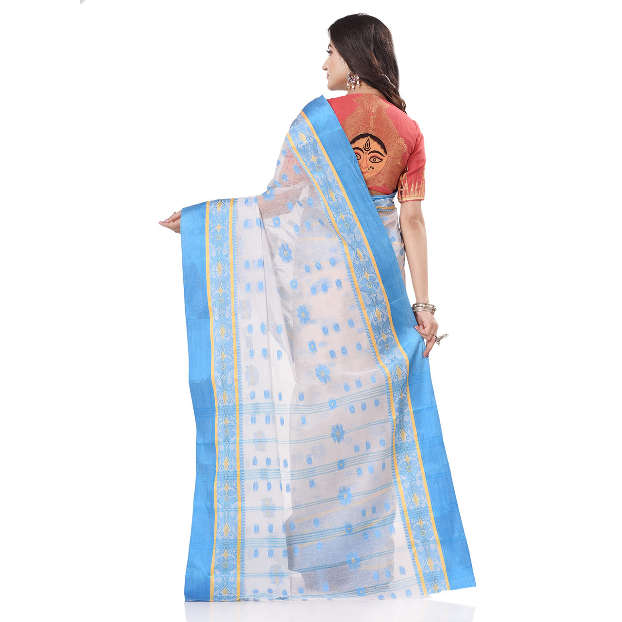 dB DESH BIDESH Women`s Traditional Bengal Phulkoli Woven Design Pure Handloom Cotton Saree Without Blouse Piece White Red