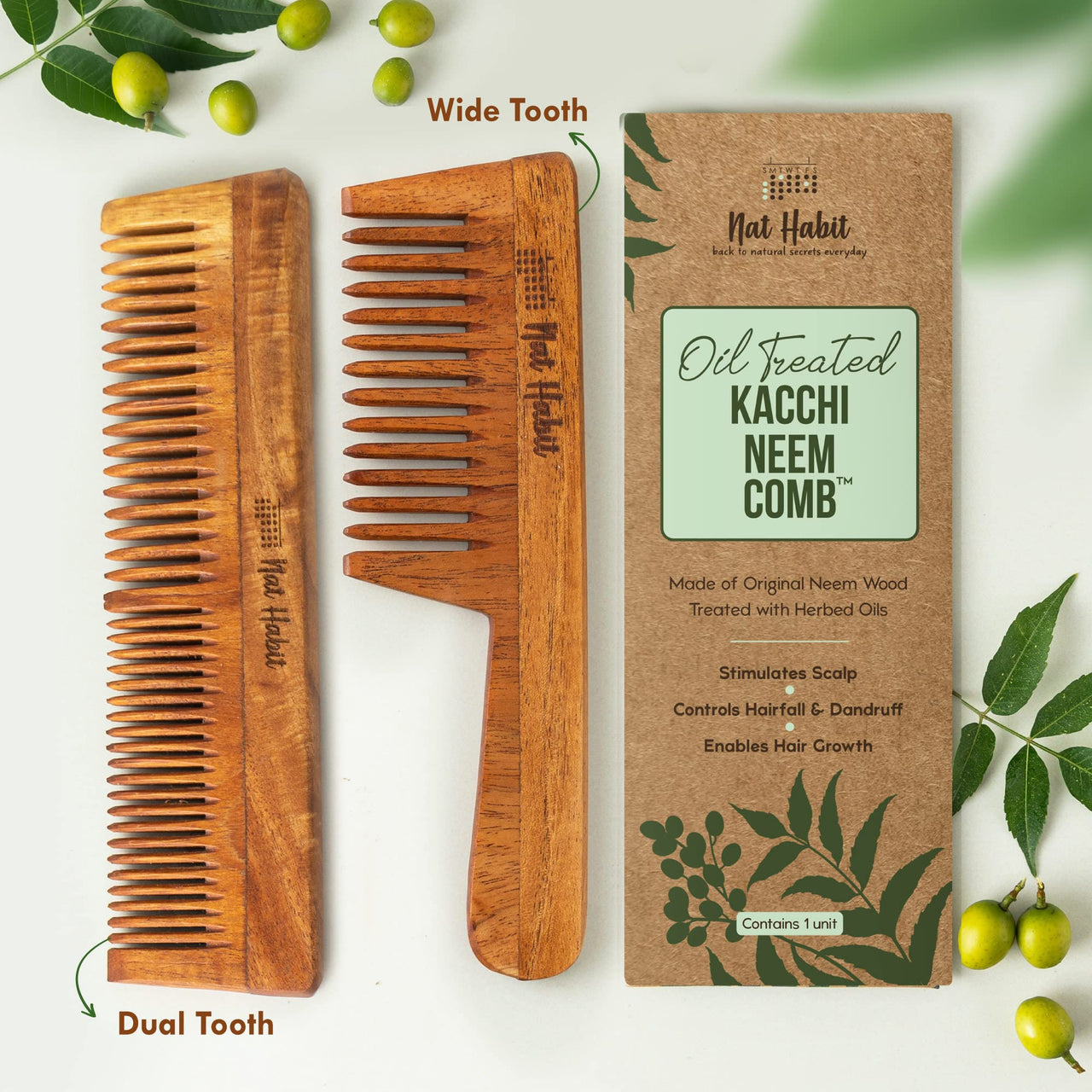 Nat Habit - Kacchi Neem Wooden Comb - Soaked In 17 Herbs, Neem & Sesame Oil For Multi-Actions - Detangling, Frizz Control & Shine (Dual Tooth & Wide Tooth) Combo Pack of 2