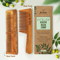 Nat Habit - Kacchi Neem Wooden Comb - Soaked In 17 Herbs, Neem & Sesame Oil For Multi-Actions - Detangling, Frizz Control & Shine (Dual Tooth & Wide Tooth) Combo Pack of 2