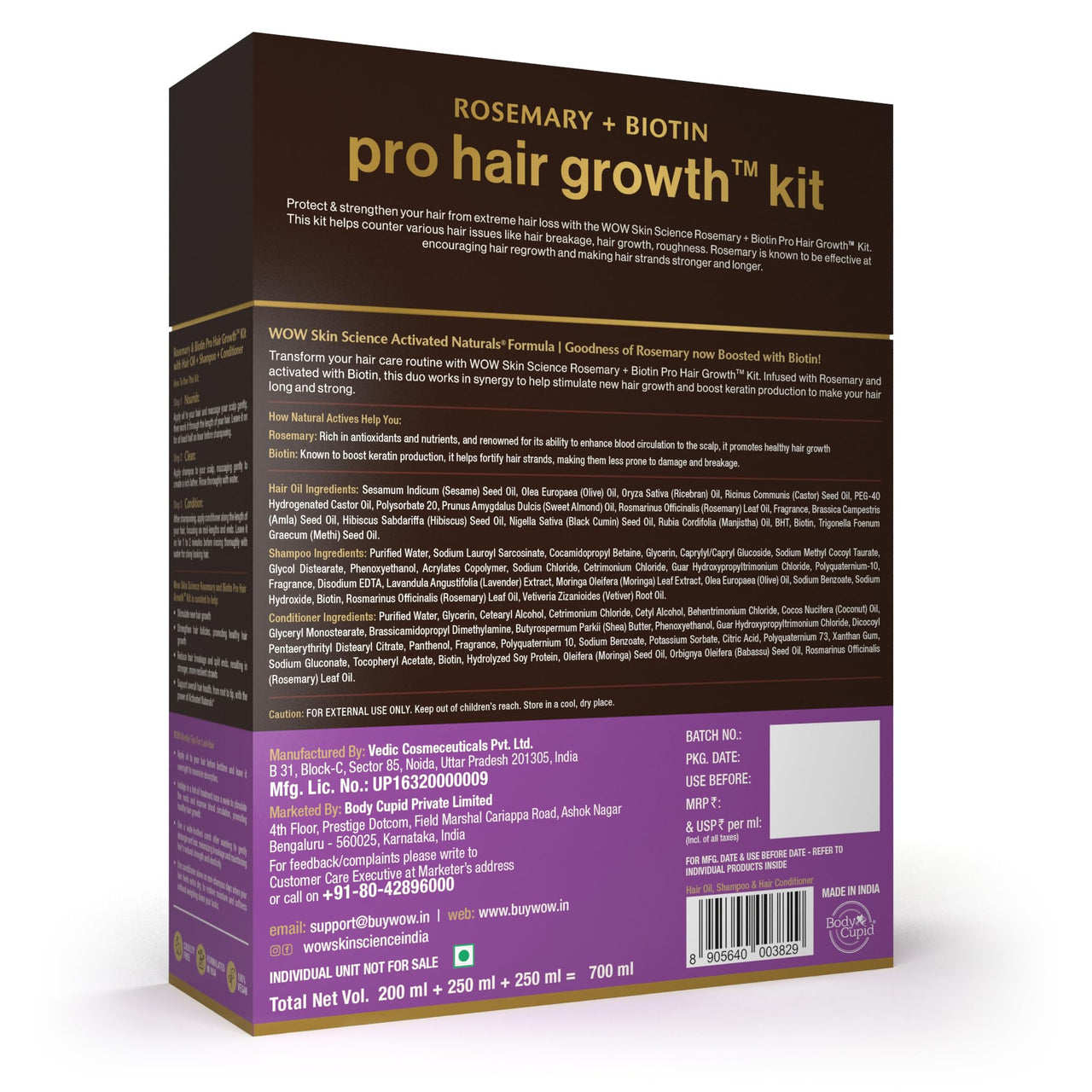 WOW Skin Science Rosemary Oil & Biotin Hair Growth Kit - Complete Care for Breakage-Prone Hair - Oil, Shampoo, Conditioner - 700ml