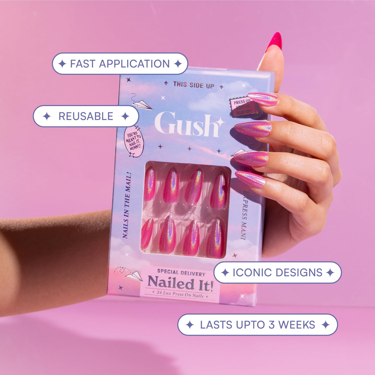Gush Beauty Press On Nails | Reusable Nail Extensions | Artificial Fake Nails Set | For women (Shimmery French Tips - Medium Round)