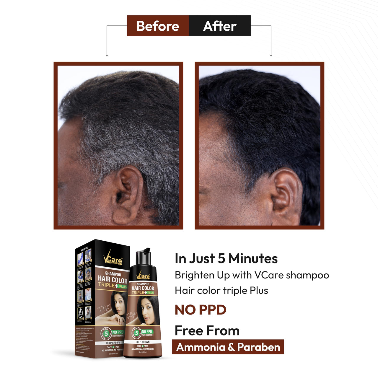 VCare Hair Colour Shampoo for Men and Women, 180ml, Deep Brown | No Ammonia | Long Lasting Hair Color | 100% Grey Coverage | Easy To Use Hair Colour At Home