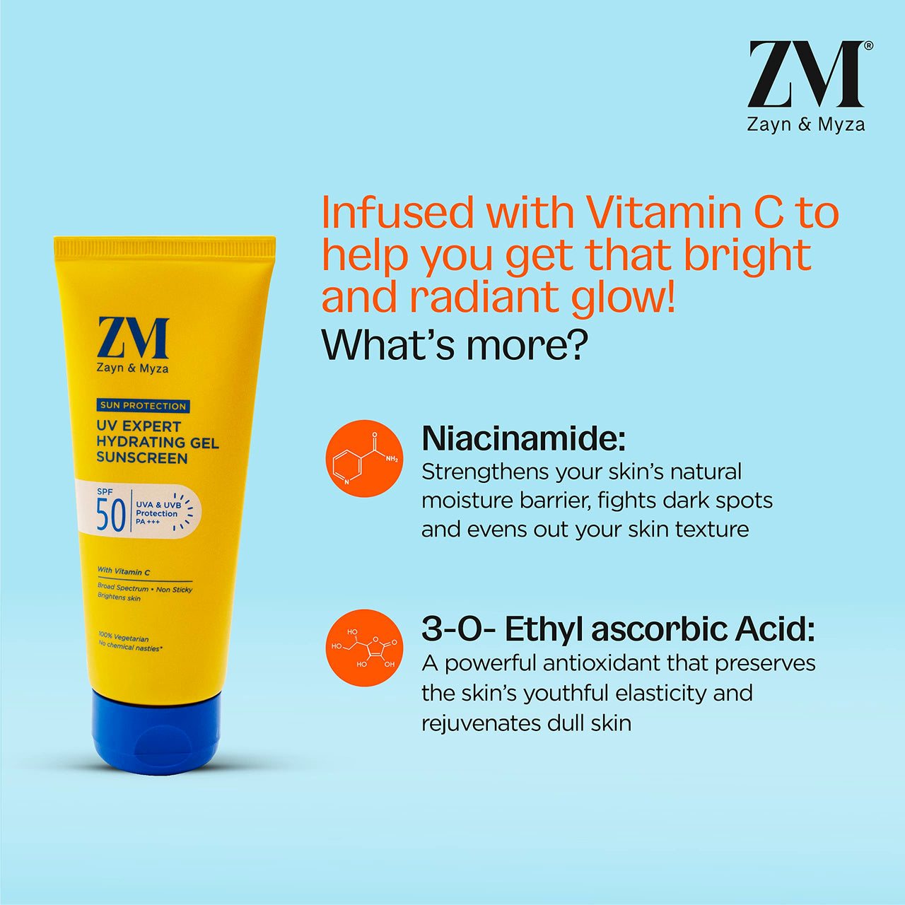ZM Vitamin C UV Expert Hydrating Gel Sunscreen SPF 50 PA +++ For Bright & Glowing Skin | Non-Greasy, Quick-Absorbing | UVA UVB Sun Protection | Sunscreen For Women & Men - (Pack of 2) (50gm x 2)