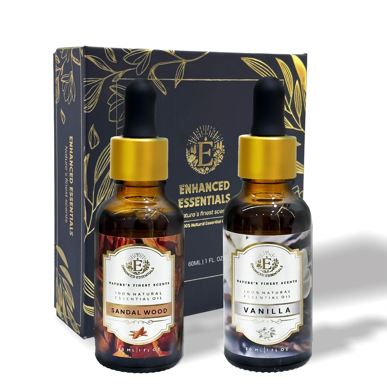 Luxurious Box of Vanilla & Sandalwood Essential Oils by Enhanced Essentials|Set of 2 x 30 ml |100% Pure and Natural|Therapeutic & Ultra Premium Grade|Highly Concentrated Oils for Home Diffusers,Skin Care,Aromatherapy, Bath,Massage,Humidifiers,Perfumes,Soa