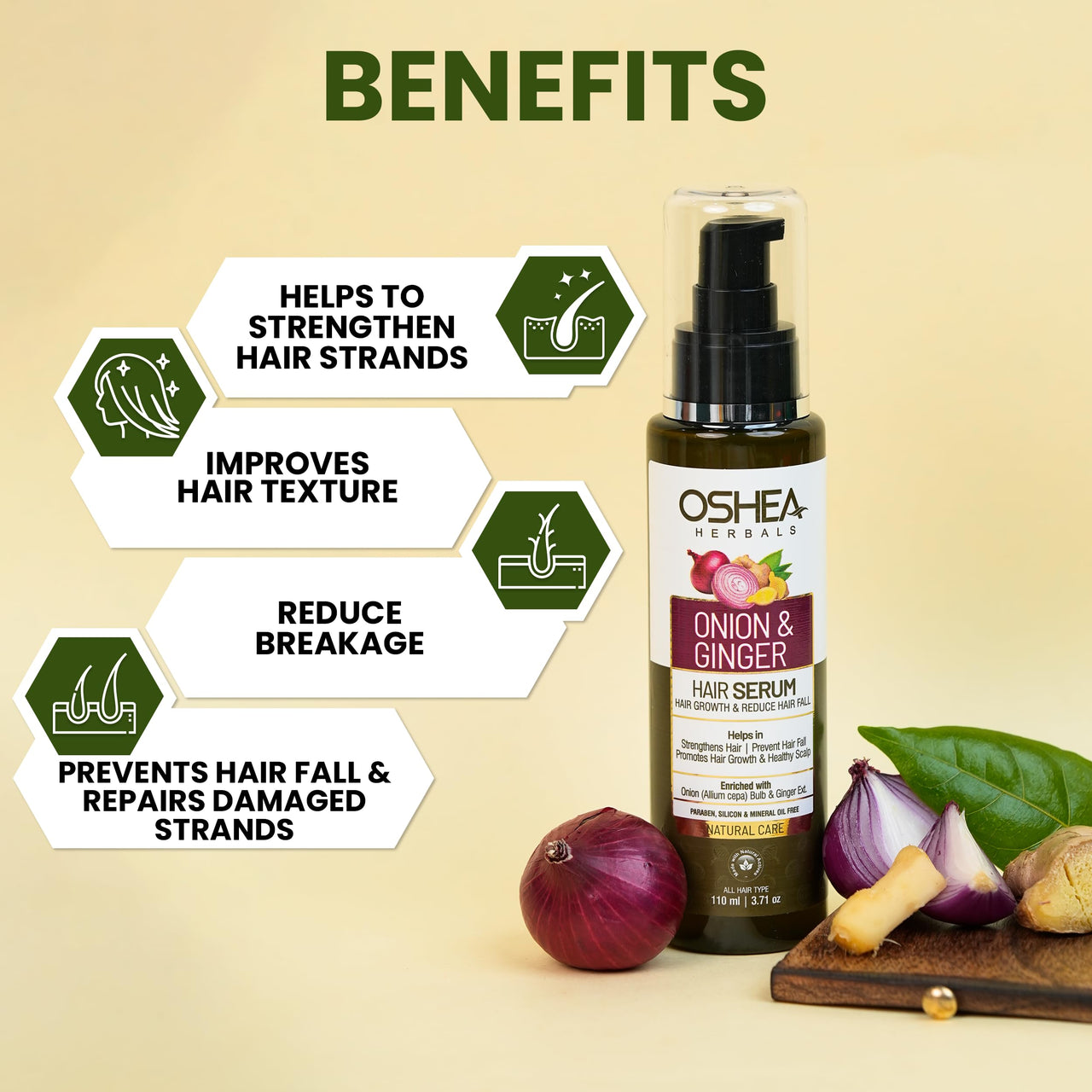Oshea Herbals Natural Hair Growth Serum | Strengthens Hair, Prevent Hair Fall & Promotes Hair Growth with Healthy Scalp | Enriched with Onion Bulb & Ginger Extract - 110ml
