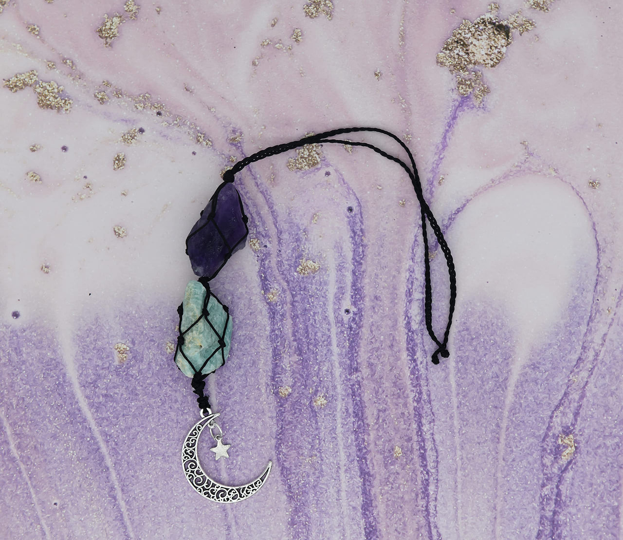BOHO GARDEN Hanging Car Charm - Amethyst & Amazonite - Dangling Moon & Healing Crystal Accessories, Rearview Mirror Decorations - Balance, Intuition, Spirituality, Self-Love, Honesty, Clarity, Energy Amethyst-amazonite