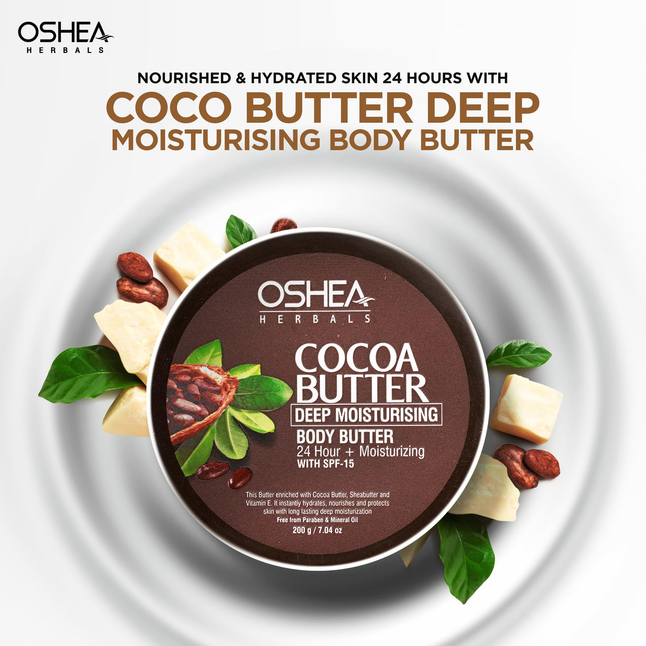 Oshea Herbals Cocoa Butter Deep Moisturising Body Butter for Dry to Normal Skin SPF 15 with 24+ Hrs Moisturizing | Enriched with Cocoa Butter, Shea Butter & Vitamin E | Paraben & Mineral Oil Free 200g