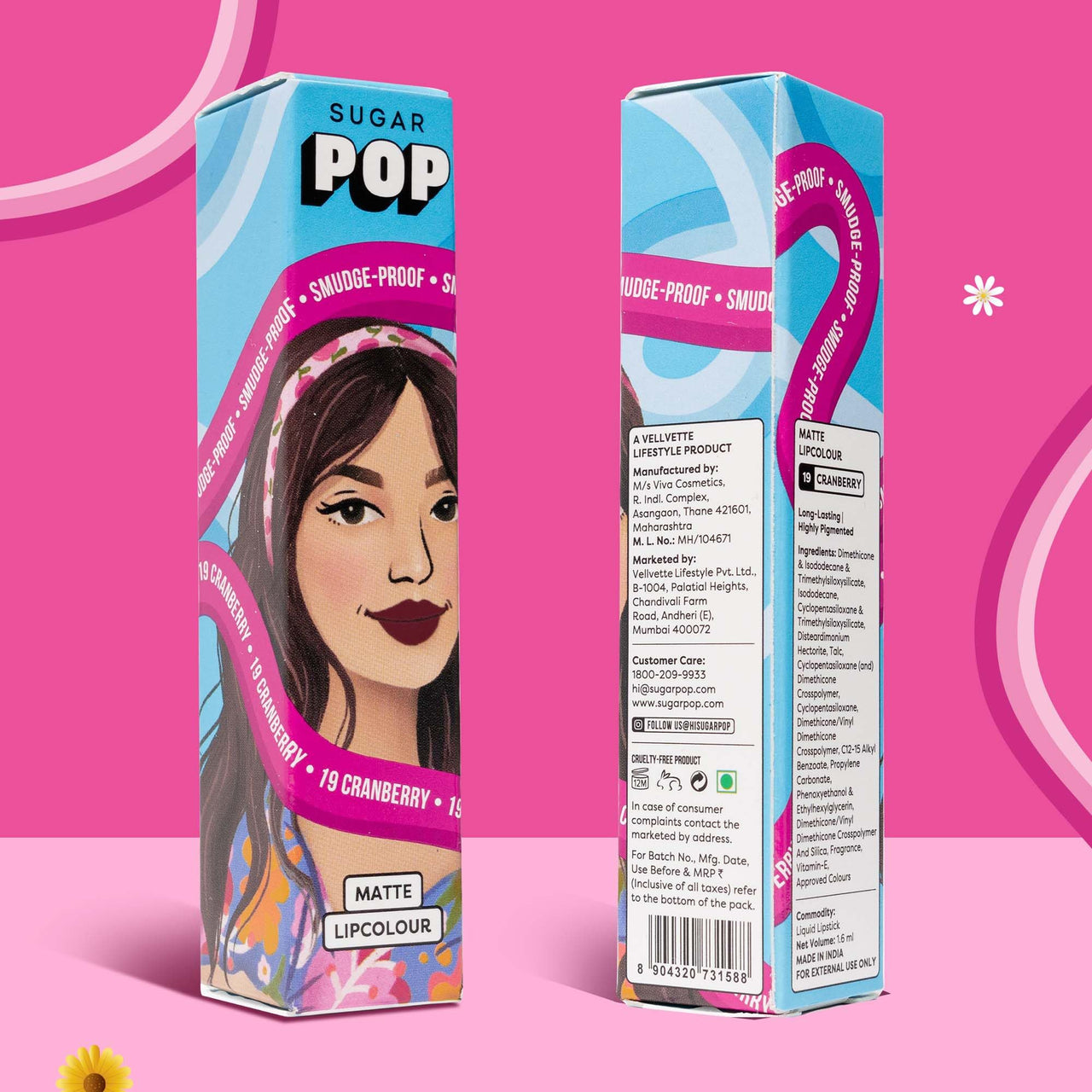 SUGAR POP Matte Lipcolour | Lasts Upto 8 hrs l Pink Lipstick for Women l Vitamin E Infused | Non-Drying, Smudge Proof, Long Lasting | 1.6ml - 19 Cranberry