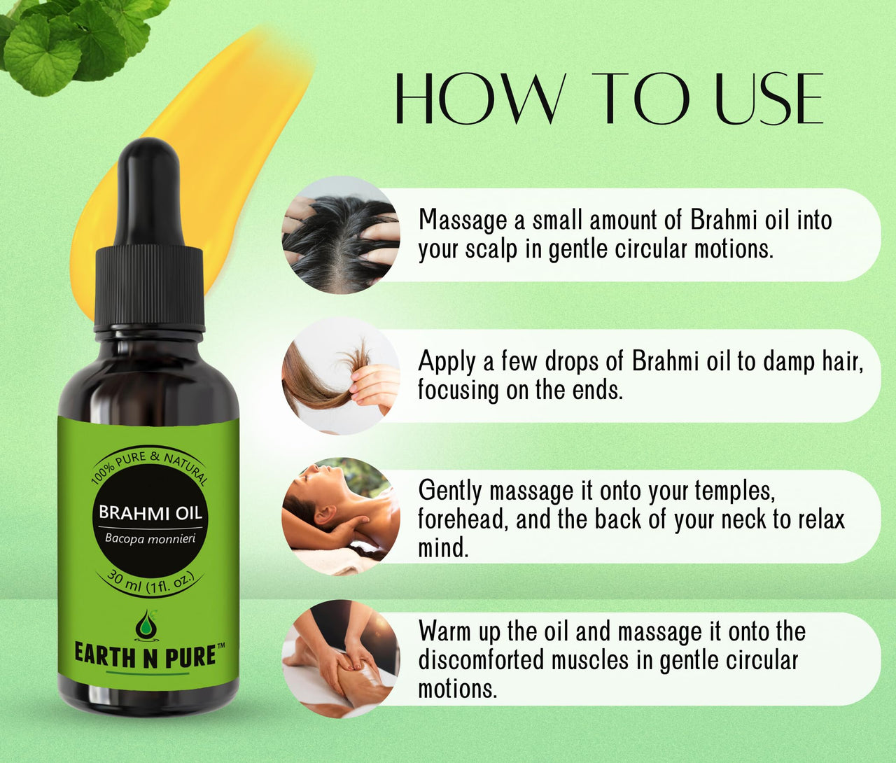 Earth N Pure Brahmi Oil for Hair, Cold Pressed, Natural and Therapeutic Grade - 30 ML