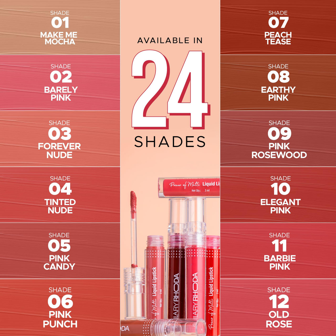 Hilary Rhoda Power Of Matte Liquid Lipstick | Buildable Colour | Long Lasting & Matte Finish | Lightweight & Non-Drying Formula | Smudge Proof & Non-Transferable | 3ml (Pink Candy - Shade 05)