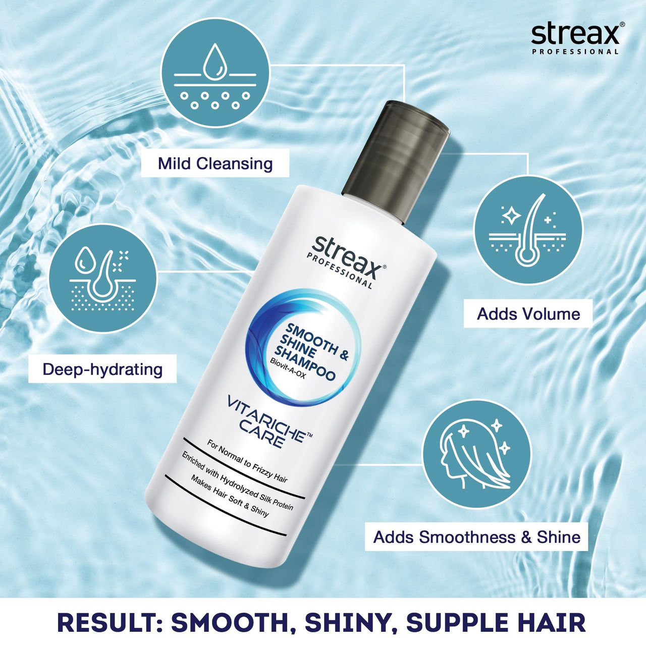 Streax Professional Vitariche Care Smooth & Shine Shampoo For Women| Nourishing Biovit-A-OX Hair Shampoo | Infused with Silk Proteins| Ideal for Normal to Dry & Frizzy Hair| 300ml Bottle