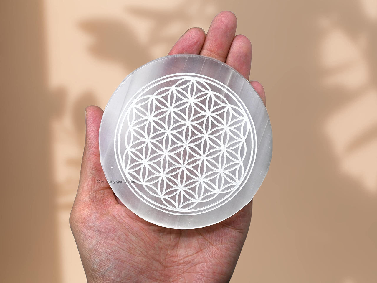 Selenite Crystal Charging Plate For Crystals And Healing Stones, 4.5" Selenite Crystal Plate Engraved Flower of Life Coaster For Home Office Table Decor (Selenite Round Disc)