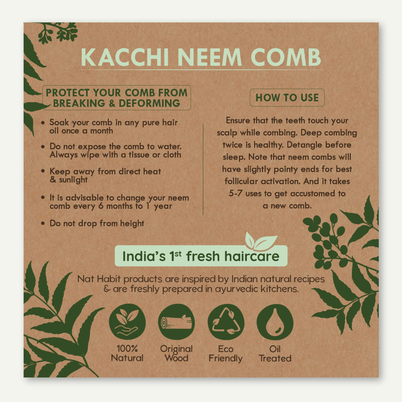 Nat Habit Kacchi Neem Wooden Comb, Soaked In 17 Herbs Neem, Castor & Coconut Oil For Multi-Actions Detangling, Frizz Control & Shine (Dual Tooth & Fine Tooth) Combo Pack of 2