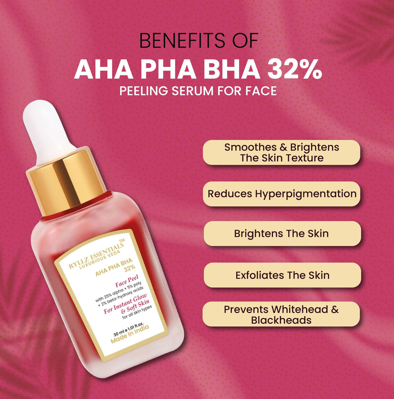 RYLLZ ESSENTIALS 25% AHA + 2% BHA + 5% PHA Peeling Serum for Face | with Vitamin E, Rosehip Extract & Niacinamide | for Glowing Skin, Smooth Texture & Pore Cleansing | 10-Minute Facial | 30ml