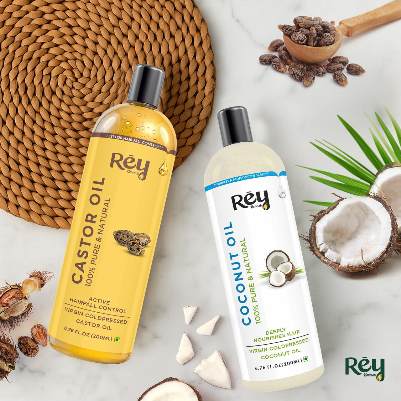 Rey Naturals Cold Pressed Castor Oil & Virgin Coconut Oil For Hair Growth - 200ml×2 | Coconut Oil For Skin Care | Castor Oil For Skin, Eyelashes & Eyebrows | Non Comedogenic Hair Oil For Hair Growth