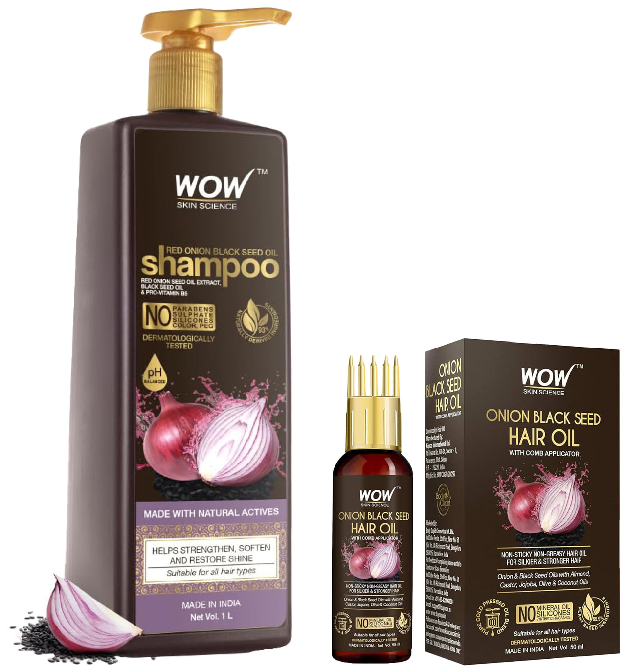 WOW Skin Science Onion Black Seed Hair Oil 50 ml & Onion Oil Shampoo 1 Litre With Red Onion Seed Oil Extract 50 ml