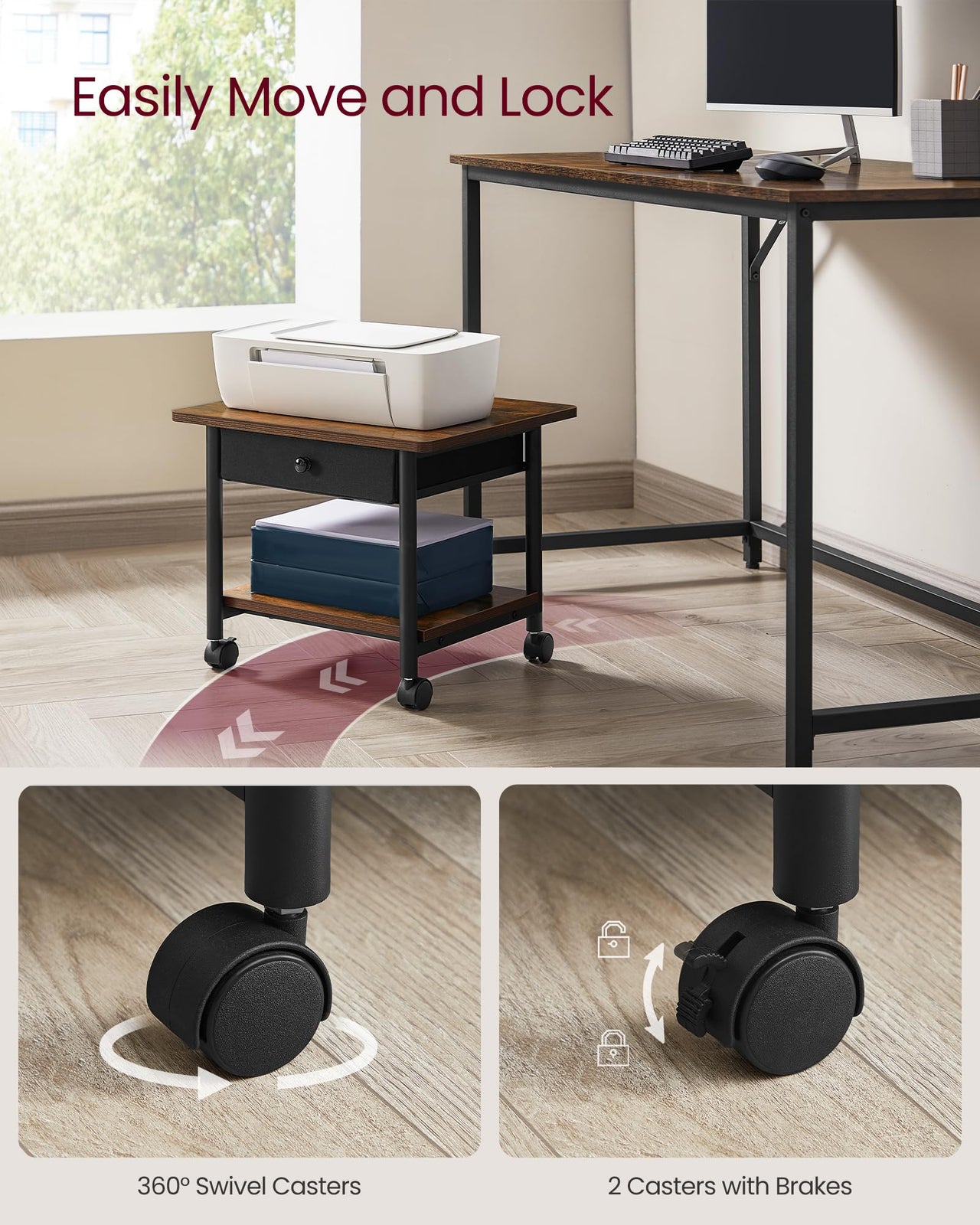 VASAGLE Printer Stand, Under Desk Printer Stand with Wheels, Drawer with Divider, Bottom Shelf, Fits Inkjet, Laser, Photo, All-in-One Printers, Home Office, Rustic Brown and Ink Black UOPS004B01 2-Tier with Drawer