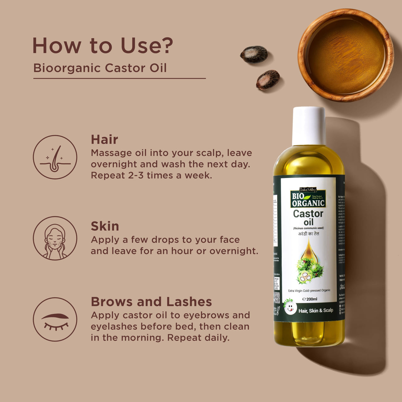 Indus Valley Bio Organic Castor Oil For Extra Virgin Cold - Pressed Organic Hair & Skin - 200 ml
