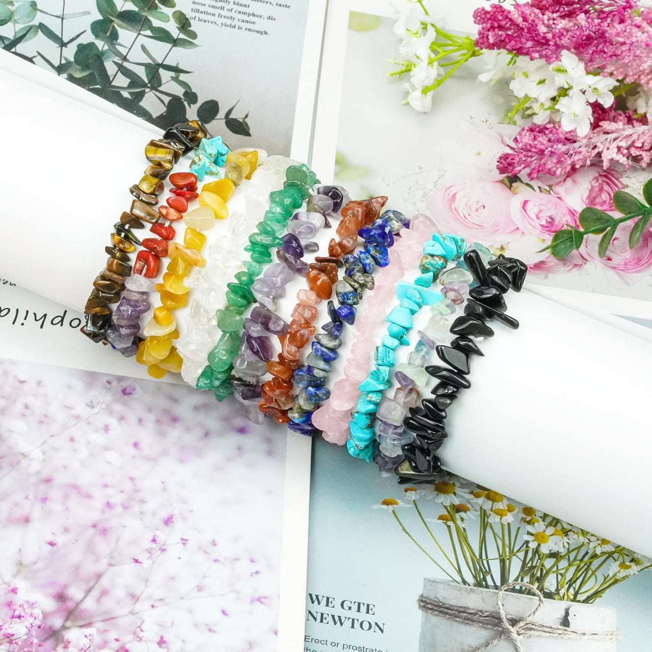 Rbenxia 12 Chakra Stones Healing Crystals Natural Gemstone Chakra Crystal Bracelets Colorful Gravel Chakra Bracelets Irregular Tumble Polished Healing Reiki Stretch Chip Bracelets