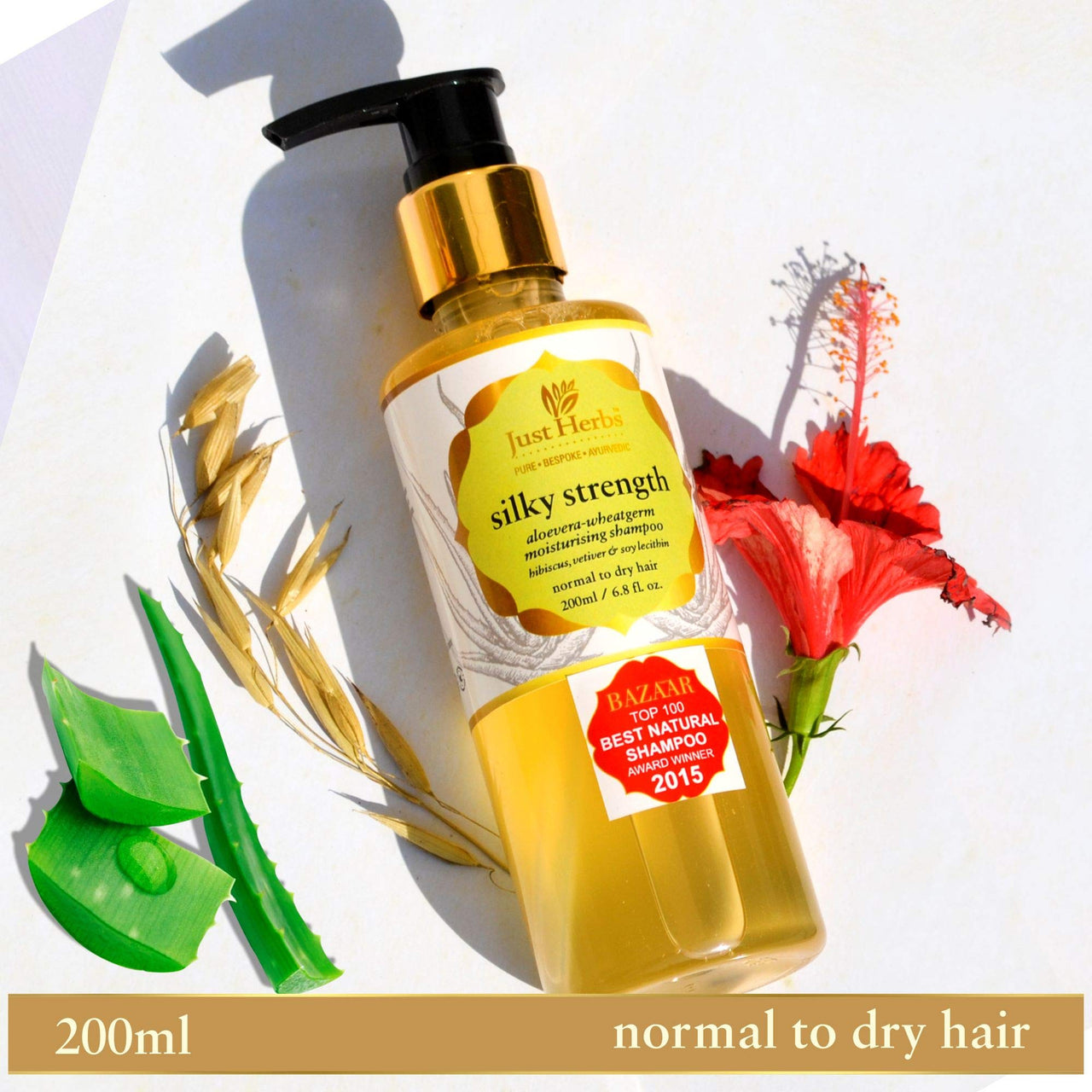 Just Herbs Silky Strength Aloevera Wheatgerm Moisturizing Shampoo for Dry and Brittle Hair-200 ML & Ayurvedic Anti-Dandruff Soya Protein Herbal Shampoo, For Men & Women, Chemical Free - 200 ML