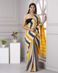 Shivanya Handicrafts Women's  Hand block printed cotton mulmul fabric saree Ikkat printed With Blouse Piece Traditional Jaipuri Print
