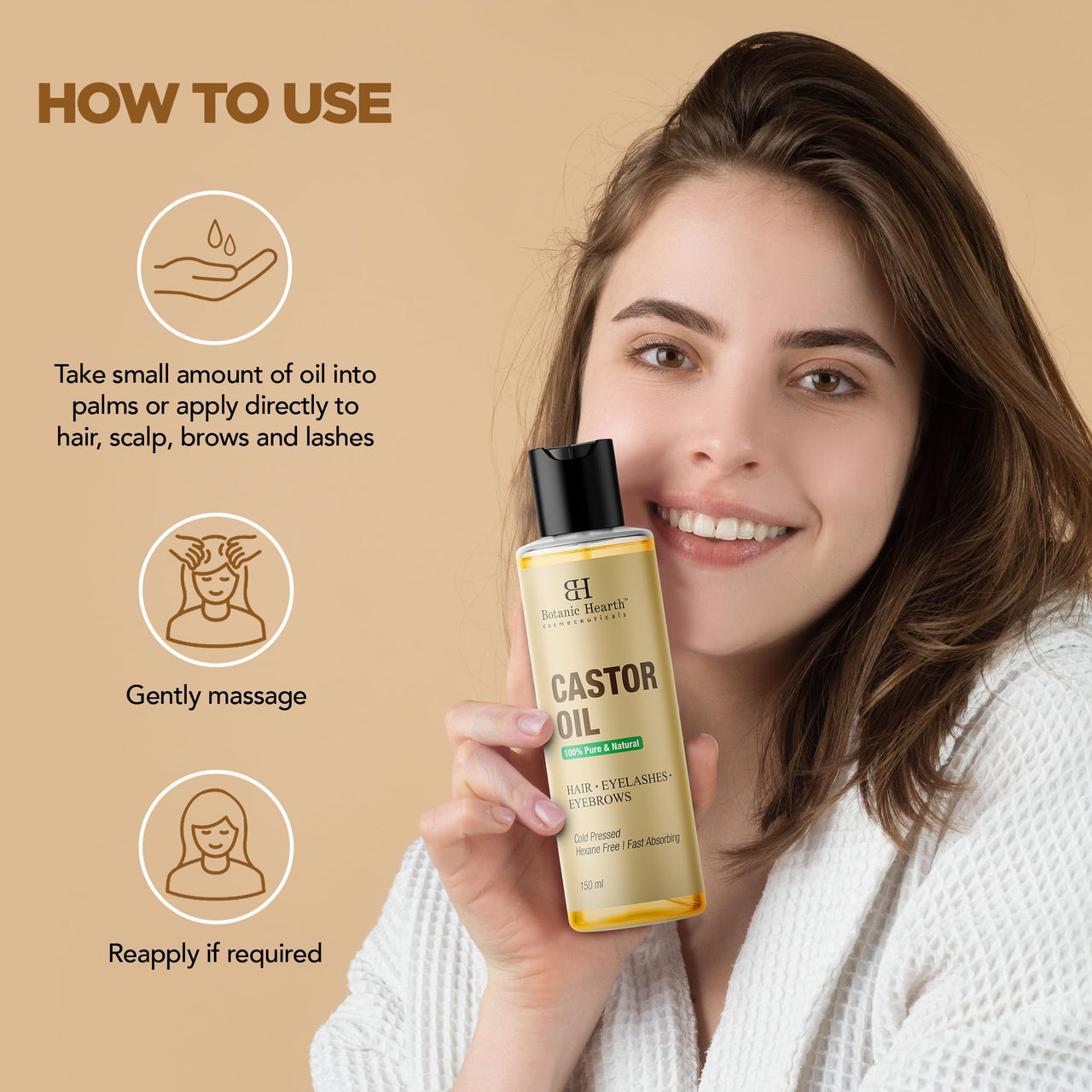 Botanic Hearth 100% Pure Castor Oil (Arandi) – Cold-Pressed, Hexane-Free for Hair Growth, Eyelashes, Eyebrows & Skin Care – 150ml