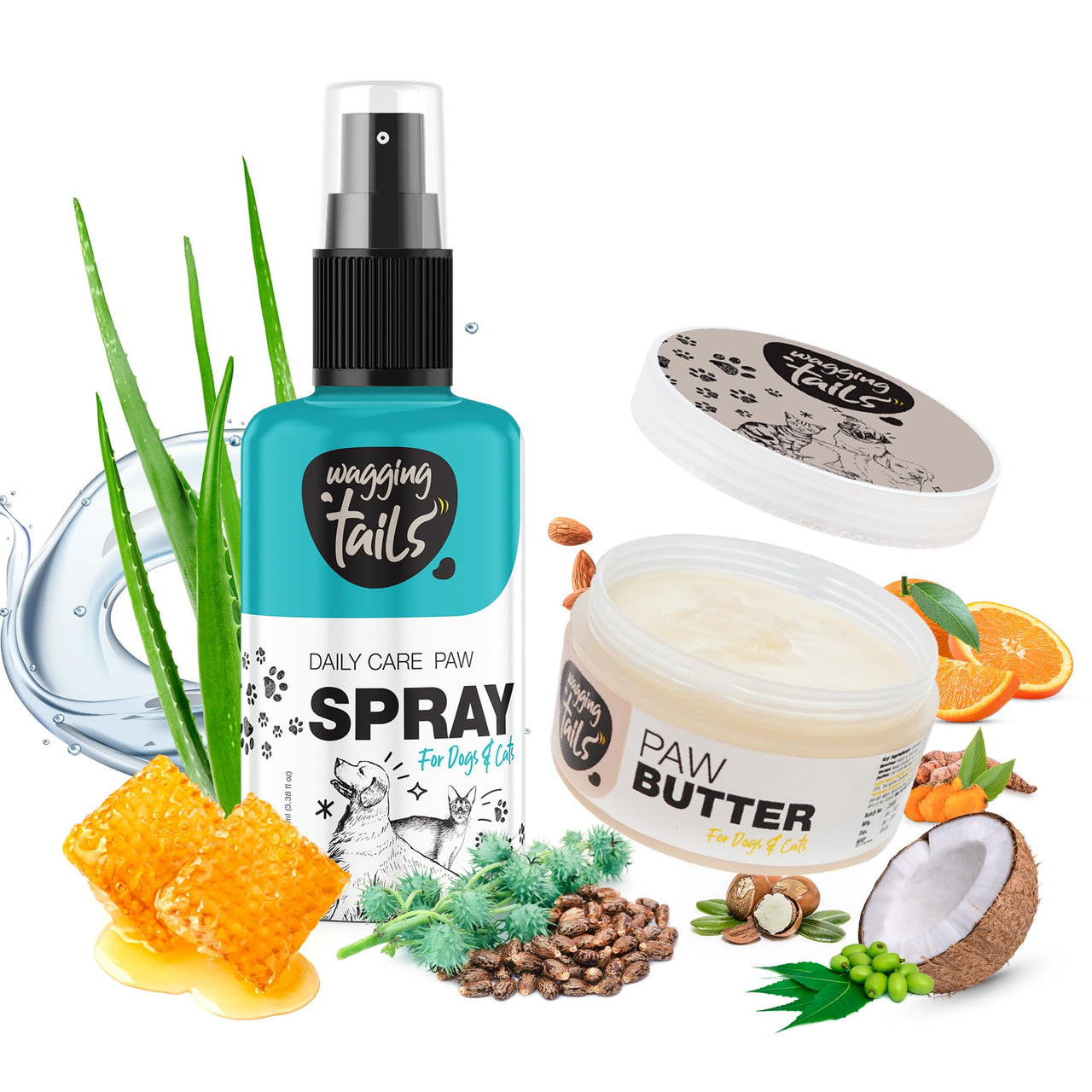 Wagging Tails 2 in 1 combo for pets|Paw Spray 100ml + Paw Butter 50Gm| Paw Spray for Dirty & Muddy Paws | Paw Butter for Heal & Repair Cracked Paws |Natural Grooming Combo for Dogs, Cats & Puppies Paw