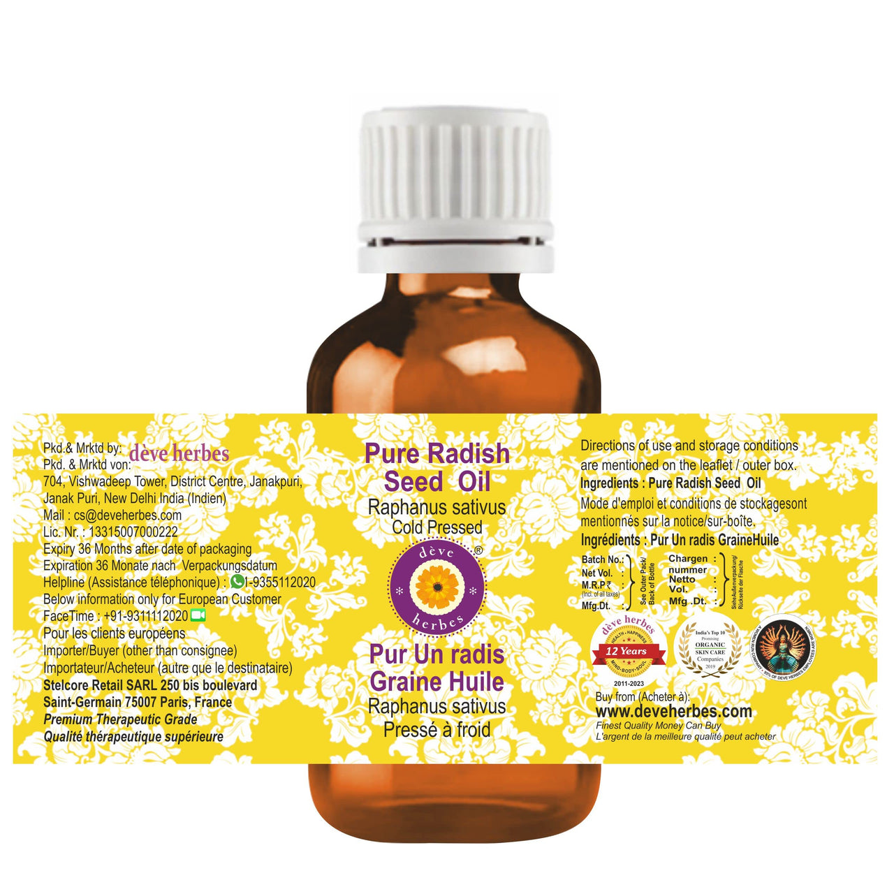 Deve Herbes Pure Radish Seed Oil (Raphanus sativus) Natural Therapeutic Grade Cold Pressed 30ml