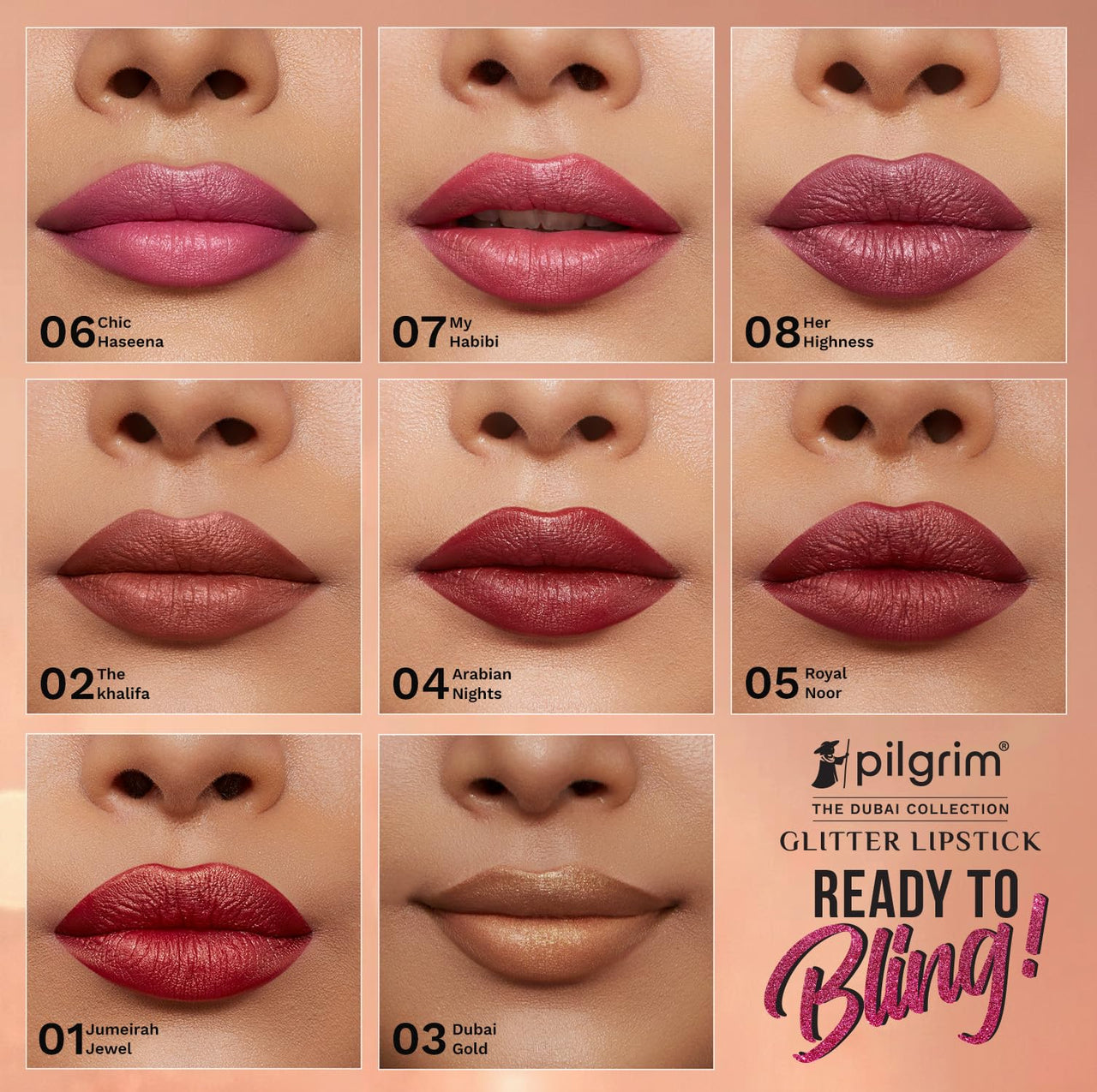 Pilgrim Glitter Lipstick For Women 4.2gm | Dubai Luxe Lifestyle - Chic Haseena Shade | Lipstick Infused with Vitamin E & Olive Oil | Glitter Formula With Matte Finish | Non Drying | All Skin Types