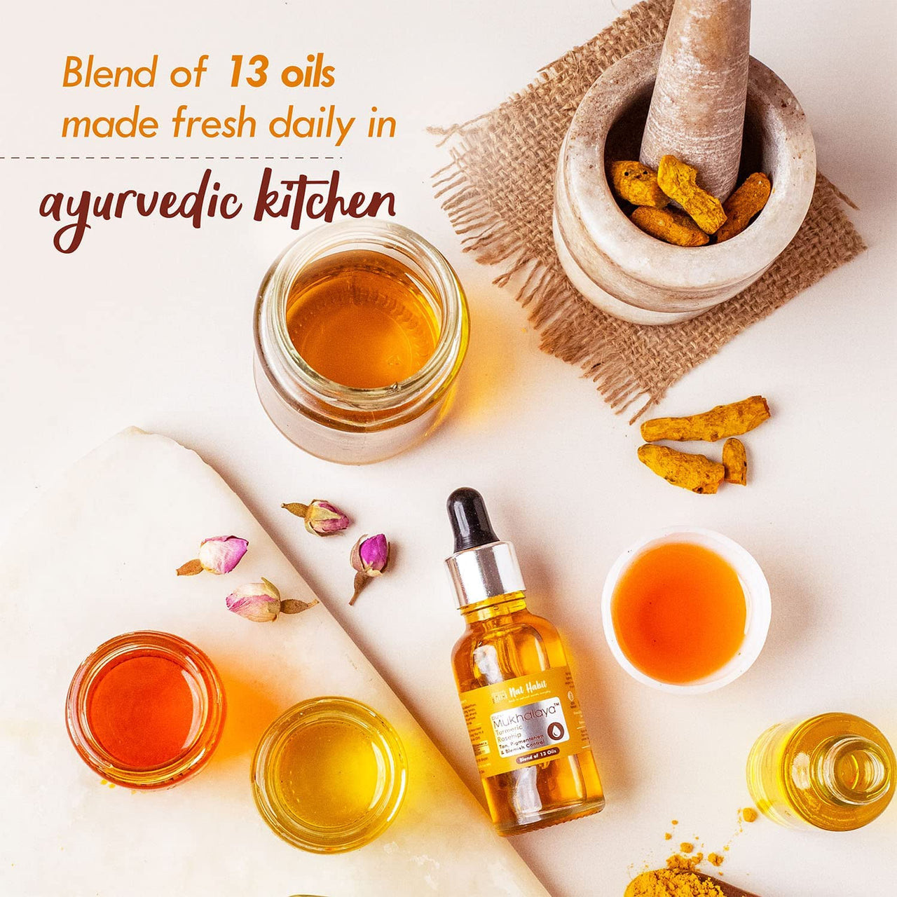 Nat Habit Turmeric Rosehip Mukhalaya Face Oil For Tan, Pigmentation & Blemish Control, with Blend of 13 Cold Pressed Oils, For Natural Face Care, No Mineral Oil or Chemical (30ml)