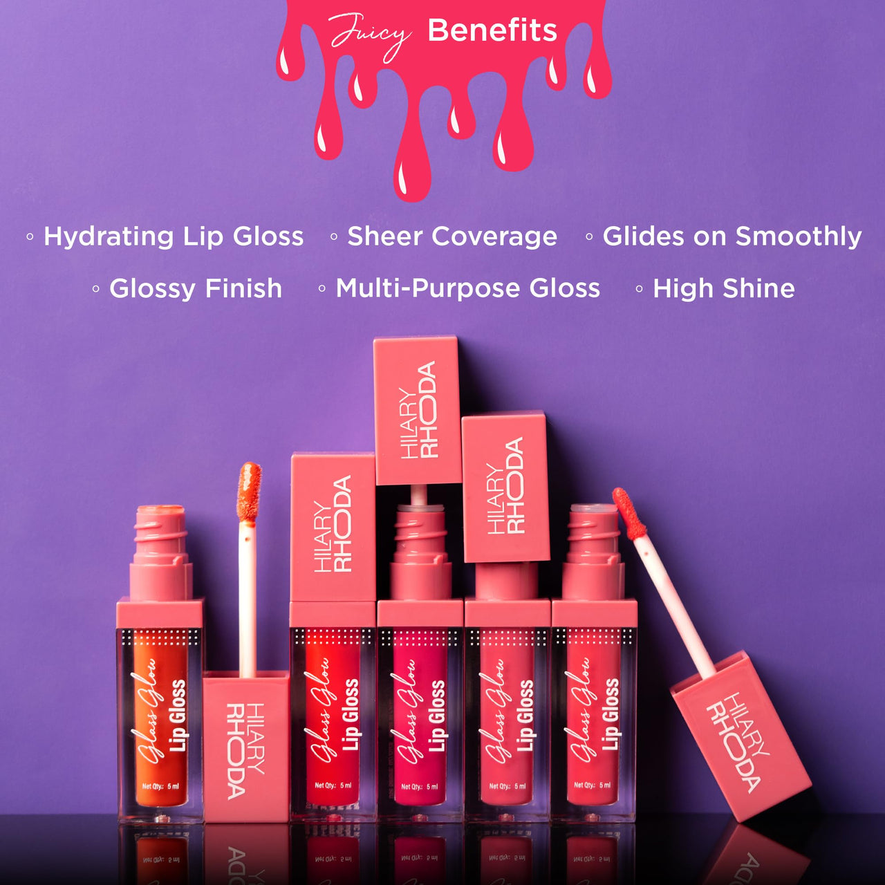 Hilary Rhoda Glass Glow Lip Gloss | Nourishing & Hydrating Lip Gloss | Sheer Coverage | High Shine | Juicy & Plump Lips | Glides on Smoothly | 5ml (Naughty Nude - Shade 01)