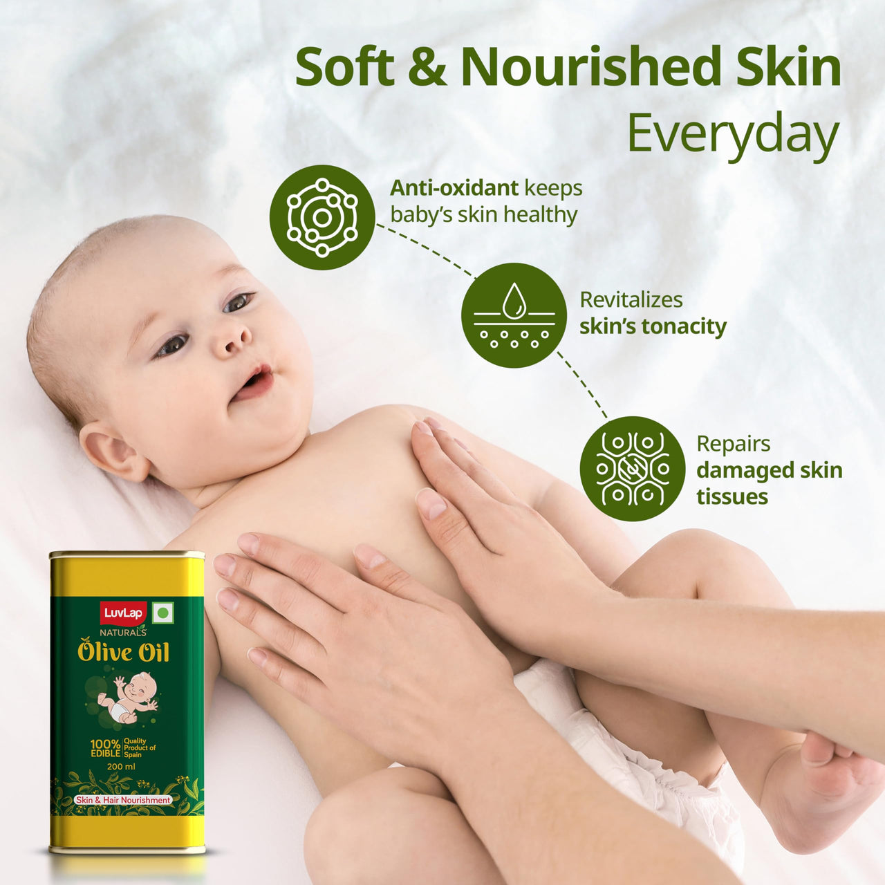 LuvLap Naturals Baby Body Massage Olive Oil, 200 ML, Spanish Premium Olive Oil, Enhances Bone & Muscle Strength, 200 ML