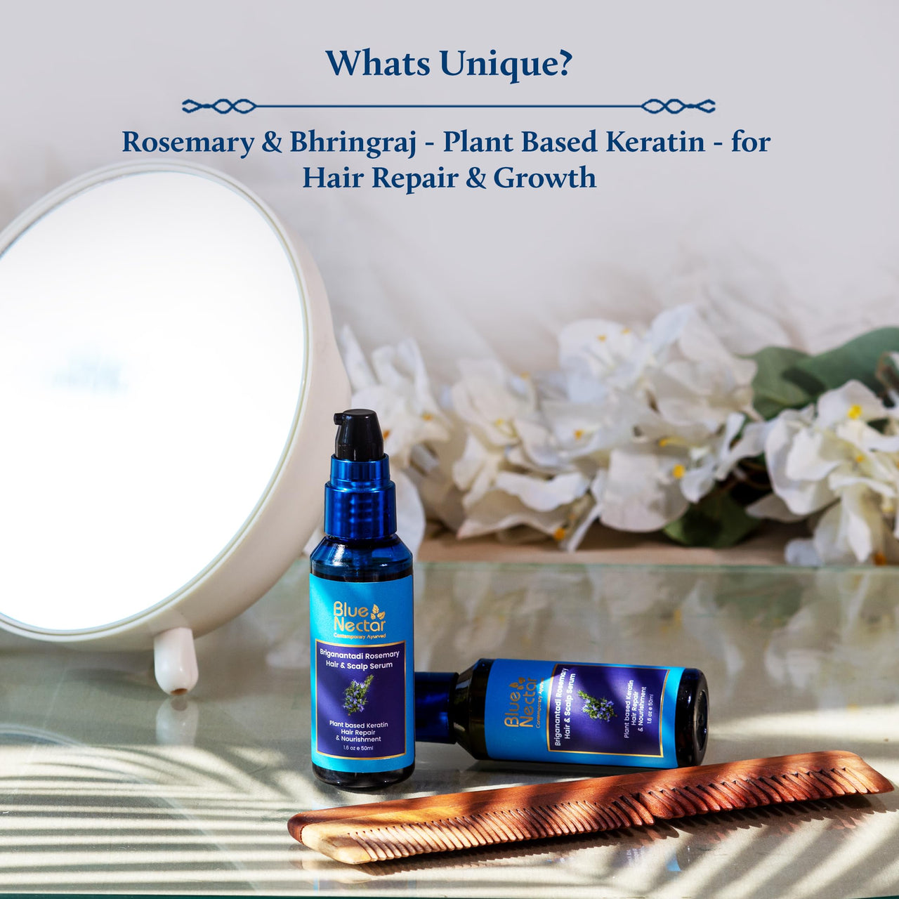 Blue Nectar Rosemary Hair & Scalp Serum for Women & Men | Advanced Hair Growth Serum for Dry & Frizzy Hair | with Plant Based Keratin (17 Herbs, 50ml)