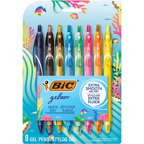 BIC Gelocity Quick Dry Ocean Themed Gel Pens, Medium Point (0.7mm), 8-Count Gel Pen Set (Assorted Colors May Vary), Colored Gel Pens for Note Taking and Journaling