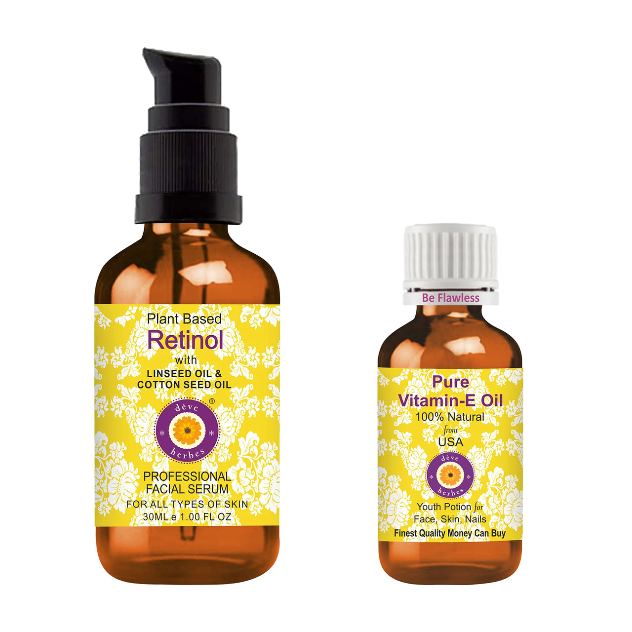 Deve Herbes Plant Based Retinol Face Serum with Linseed & Cotton Seed Oil for Personal Care 30ml with Free Pure Vitamin E Oil 10ml