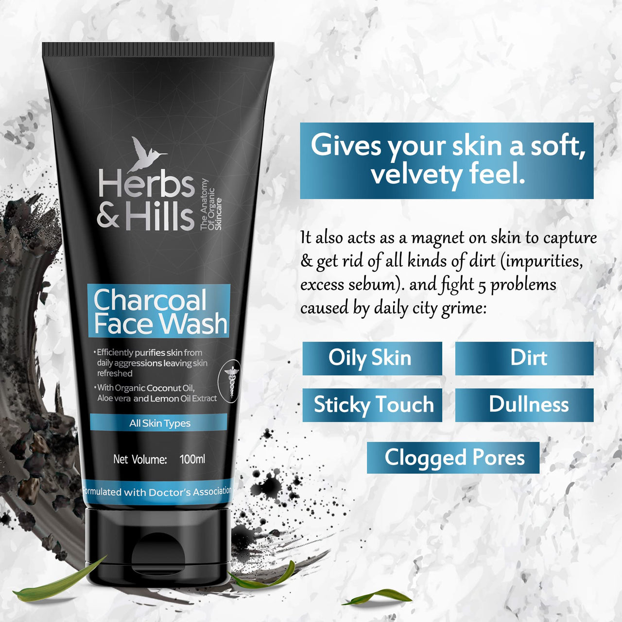 Herbs & Hills Organic Charcoal Face Wash - 100ml | Anti Pollution | Oil Control | For Dirt & Dullness | Face Wash for Oily & Acne Prone Skin | With Natural Coconut Oil, Aloe Vera & Lemon Oil Extract