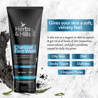 Herbs & Hills Organic Charcoal Face Wash - 100ml | Anti Pollution | Oil Control | For Dirt & Dullness | Face Wash for Oily & Acne Prone Skin | With Natural Coconut Oil, Aloe Vera & Lemon Oil Extract