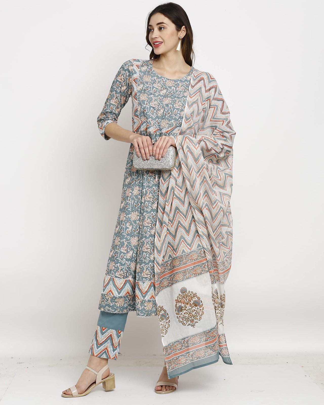 Rajnandini Women's  Multicolor Coloured Pure Cambric Cotton Floral Embroidered Kurta Set With Dupatta