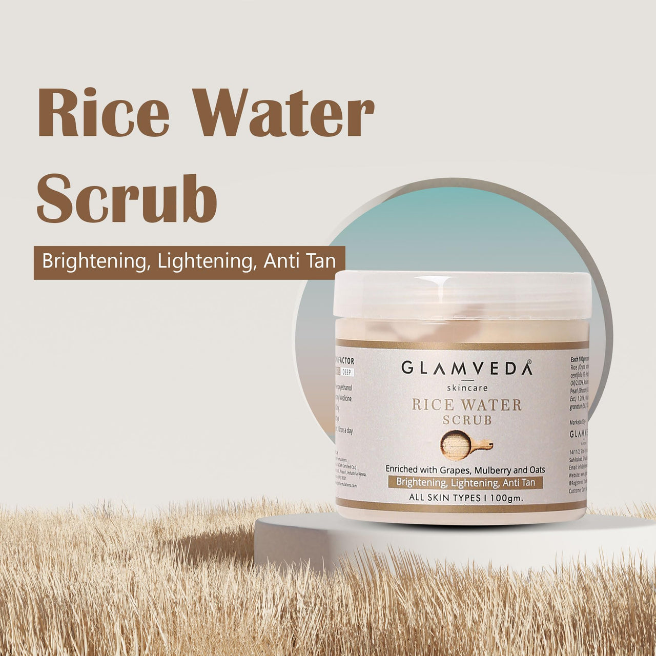 Glamveda Rice Water Brightening Face Scrub For Women | For Lightens Skin | Reduces Pigmentation & Tanning | Paraben Free | 100gm