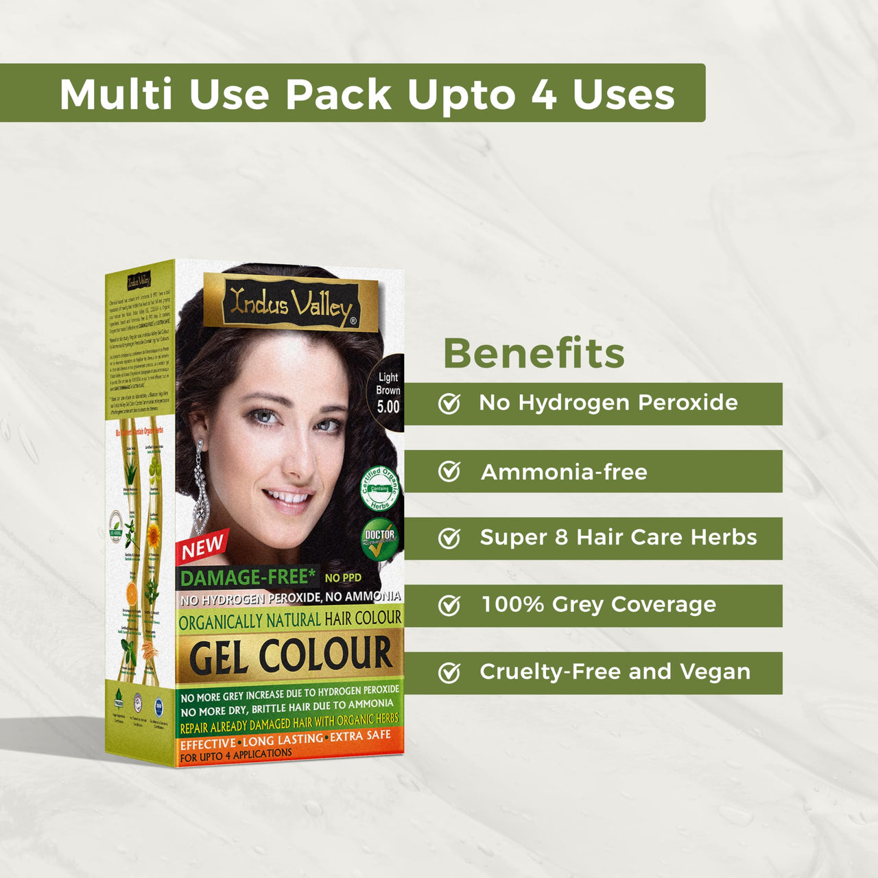 INDUS VALLEY Damage Free Natural Gel Hair Colour For Women | Ammonia & Ppd Free Organic Hair Colour With 100% Grey, Long Lasting Conditioning Hair Color | Light Brown 5.0 - Pack Of 2 (2X220 = 400 Ml)