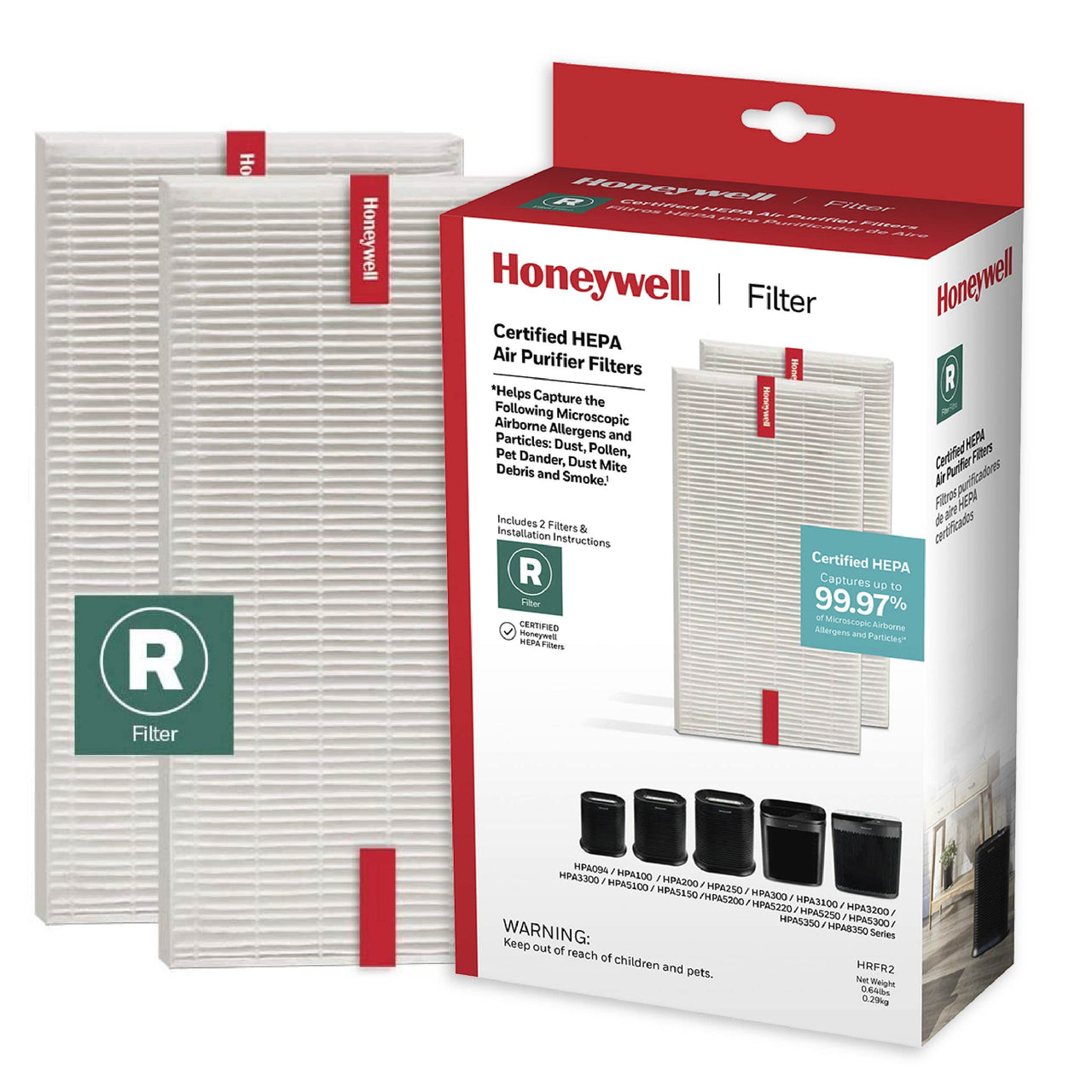 Honeywell HEPA Air Purifier Filter R, 2-Pack for HPA 100/200/300 and 5000 Series - Airborne Allergen Air Filter Targets Wildfire/Smoke, Pollen, Pet Dander, and Dust 2 pack